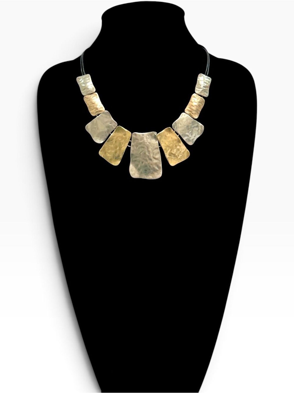 CHICO’S Hammered Two Tone Statement Necklace Black Cord NWT
